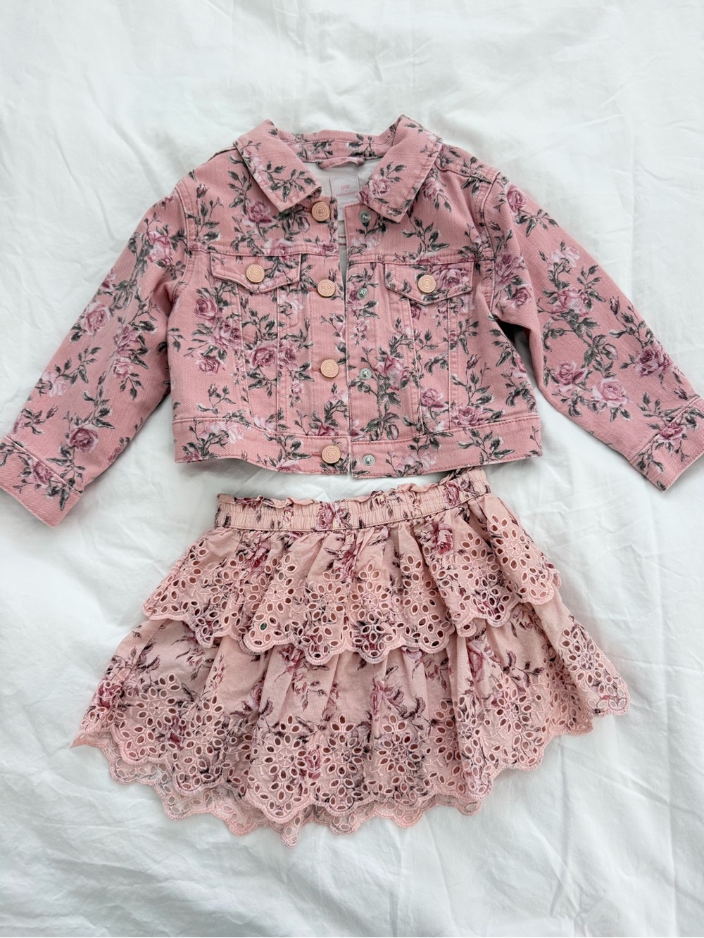 Girls Blush Pink Floral Eyelet Tiered Skirt Set